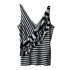 Georges Rech Top Size 3 XS Small Stripes Navy Blue Asymmetrical Ruffle Mesh Knit